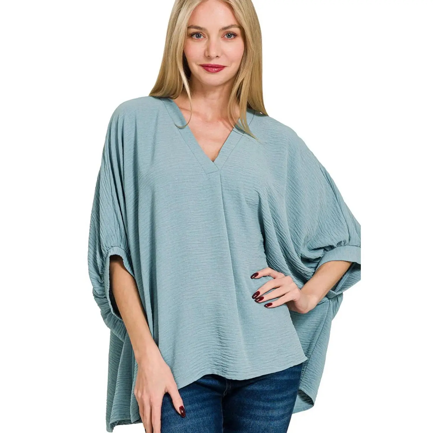 Zenana Woven Airflow V-neck Puff Half Sleeve Top