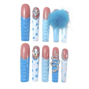 10pcs Handmade Press On Nail Set Extra Long False Nails with Nail Stickers & Blush Charms Box Included for Easy Storage Poly Gel Rhinestone Decor High Quality Glitter, Nail Care, Press On Nails