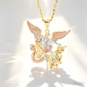 Tri-Color Gold Plated St. Michael Archangel Pendant Necklace For Men Women Saint Michael Slay Dragon Christian Religious Faith Jewelry Gift