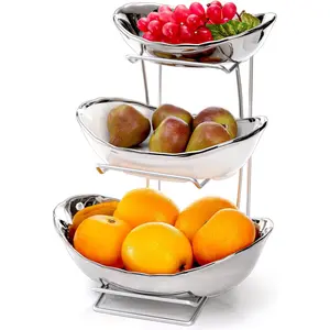 3 Tier Ceramic Fruit Bowl, Oval Tiered Serving Bowl Set, Porcelain Fruit Basket with Metal Stand, Large Detachable Fruit Storage Holder Rack for Kitchen Counter, Vegetable, Cake, Dessert, Salad
