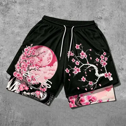 Japanese Cherry Blossom Print Mesh 2-in-1 Gym Shorts, Casual Loose-Fitting Quick-Dry Graphic Shorts, Athleisure Shorts, Athletic Shorts Casual