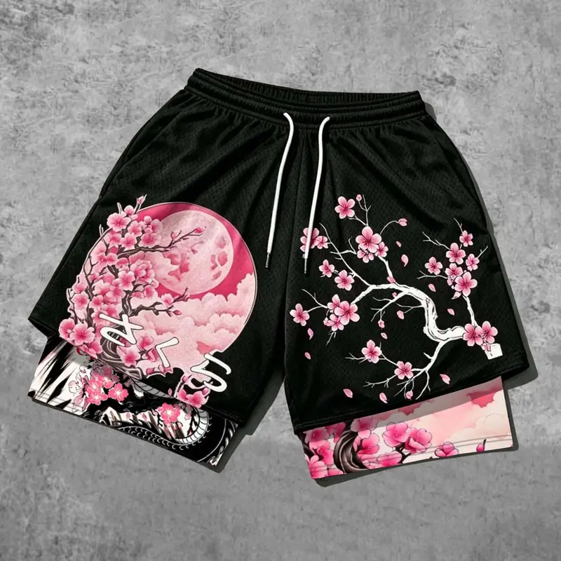Japanese Cherry Blossom Print Mesh 2-in-1 Gym Shorts, Casual Loose-Fitting Quick-Dry Graphic Shorts, Athleisure Shorts, Athletic Shorts Casual