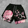 Japanese Cherry Blossom Print Mesh 2-in-1 Gym Shorts, Casual Loose-Fitting Quick-Dry Graphic Shorts, Athleisure Shorts, Athletic Shorts Casual