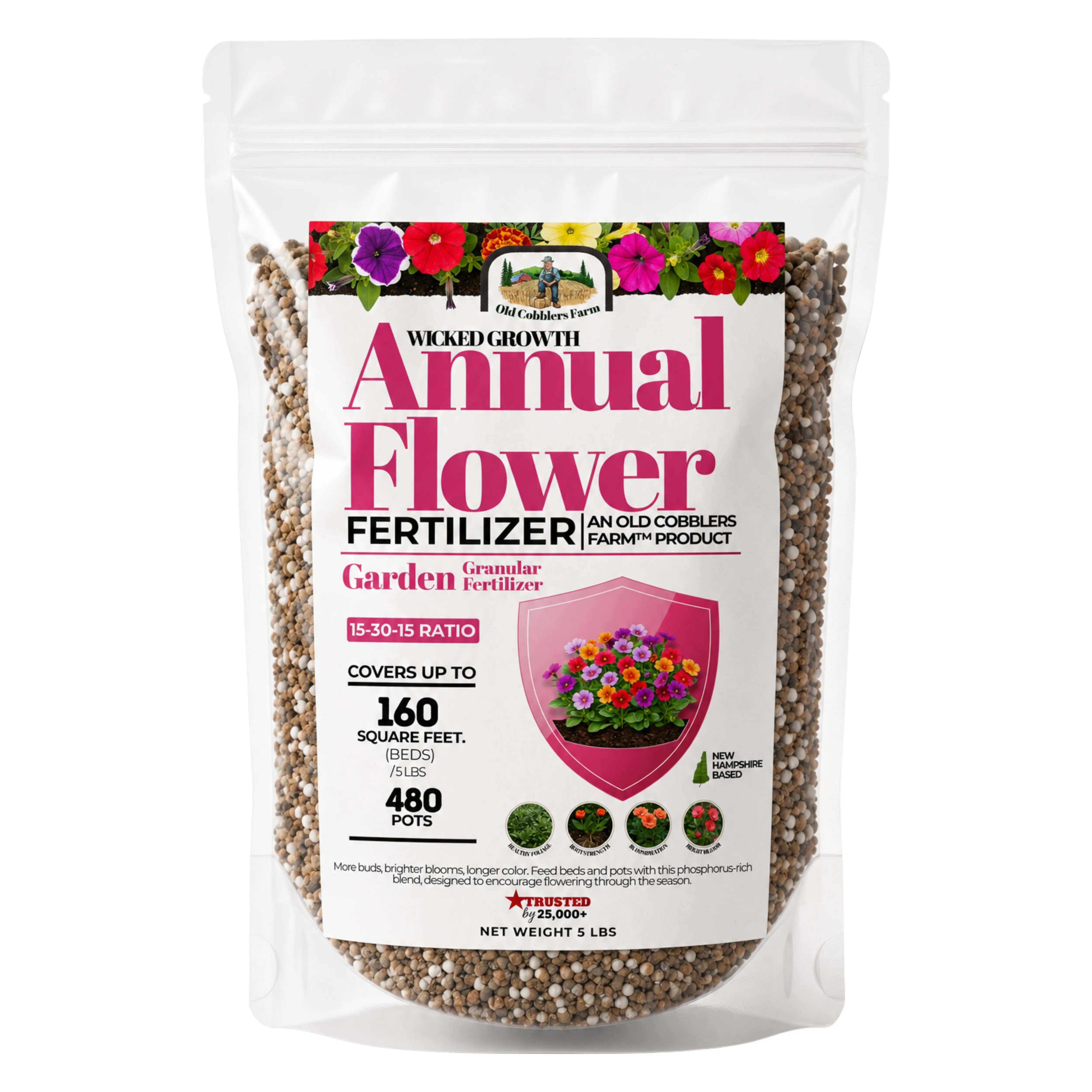 Old Cobblers Farm Wicked Growth Annual Flower Fertilizer, High Phosphorus Fast Acting Bloom Booster Plant Food for Petunias, Marigolds, Zinnias, Impatiens, Geraniums and Calibrachoa, Bed, Container and Basket Feed