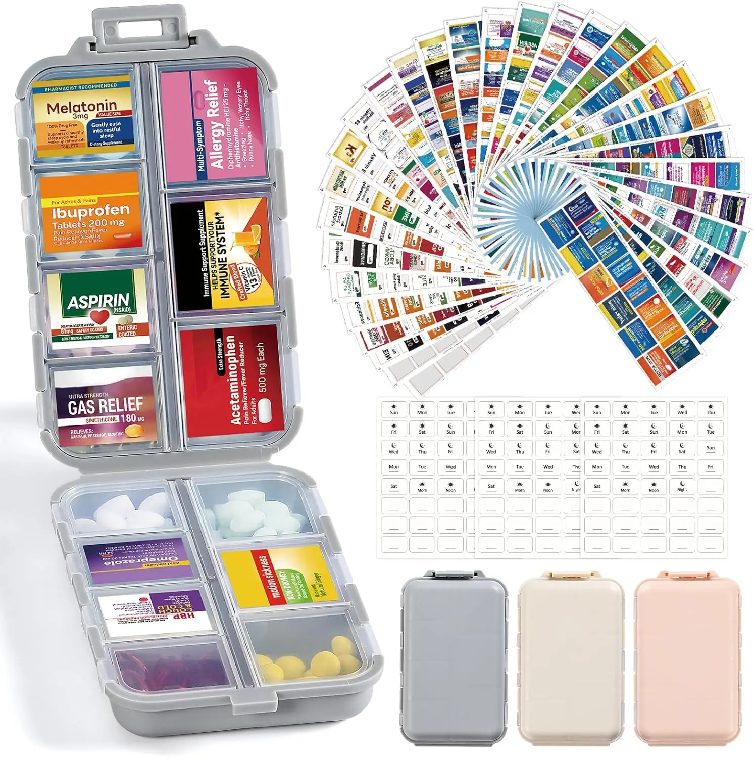 14 Grids Travel Pill Medicine Organizer Box with 415 Pcs Labels - Pocket Daily Reminder Case Container Kit - Healthcare Medication Holder Dispenser