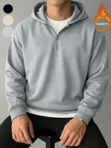Simple Warm Hooded Sweatshirt, Basic Fit, Half Zip Detail, Fleece Fabric, Ideal for Cold Weather, Daily Wear, Light Business Casual