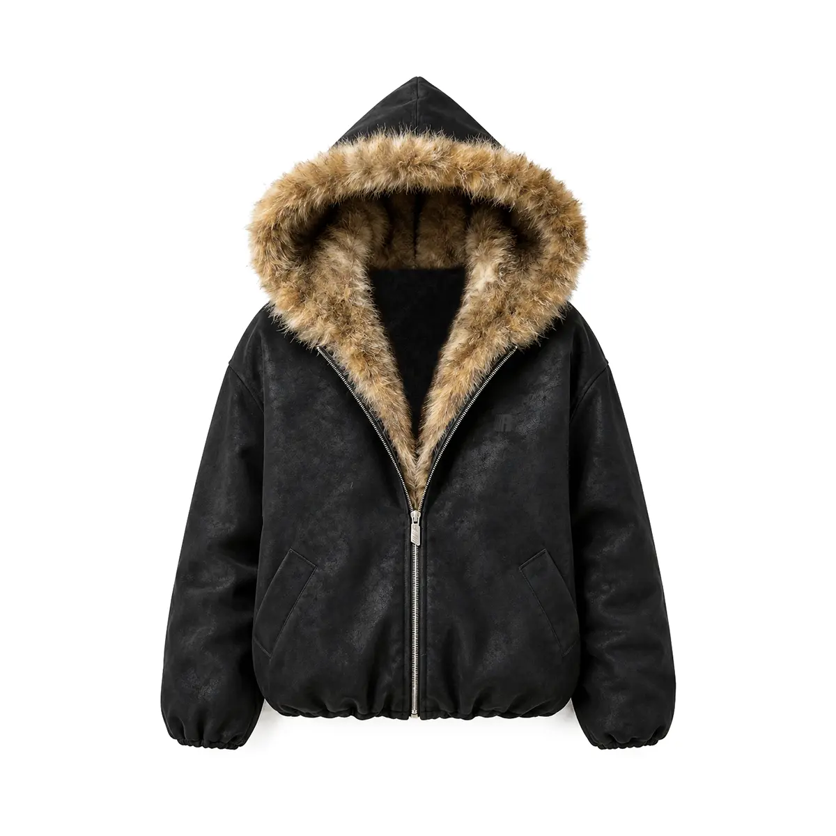 FDR Women’s Leopard Faux Fur Hooded PU Leather Jacket - Patchwork Zip-Up Hoodie Coat, Fitted Cargo Casual Streetwear Outerwear with Vintage Y2K Sohochic Style, Bottoms-Compatible