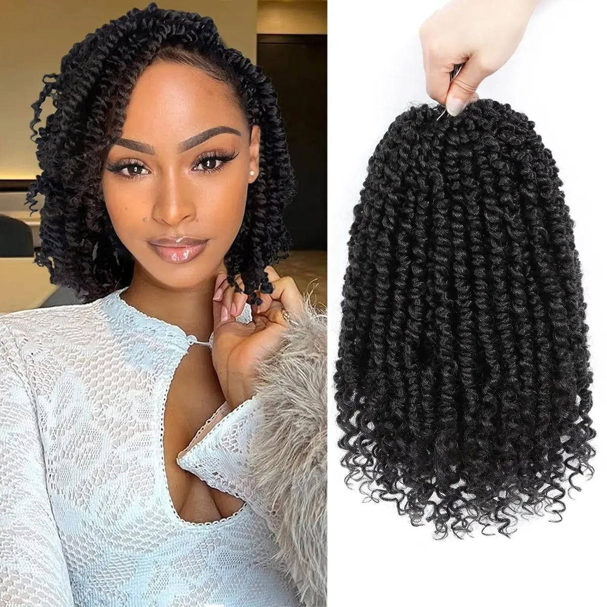 Passion Twist Crochet Hair 10 Inch Passion Twist Hair Pre Looped 8 Packs Spring Twist Crochet Braids with Curly Ends Pre-Twisted Crochet Hair for Women (1B)