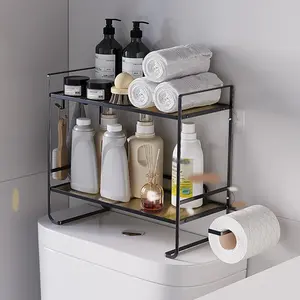 Bathroom Shelf No Drilling, Metal Toilet Shelf 2 Levels Over The Toilet Shower Caddy, with Stickers and 2 Hooks, Bathroom Organizer for The Wall, Space-Saving, Black