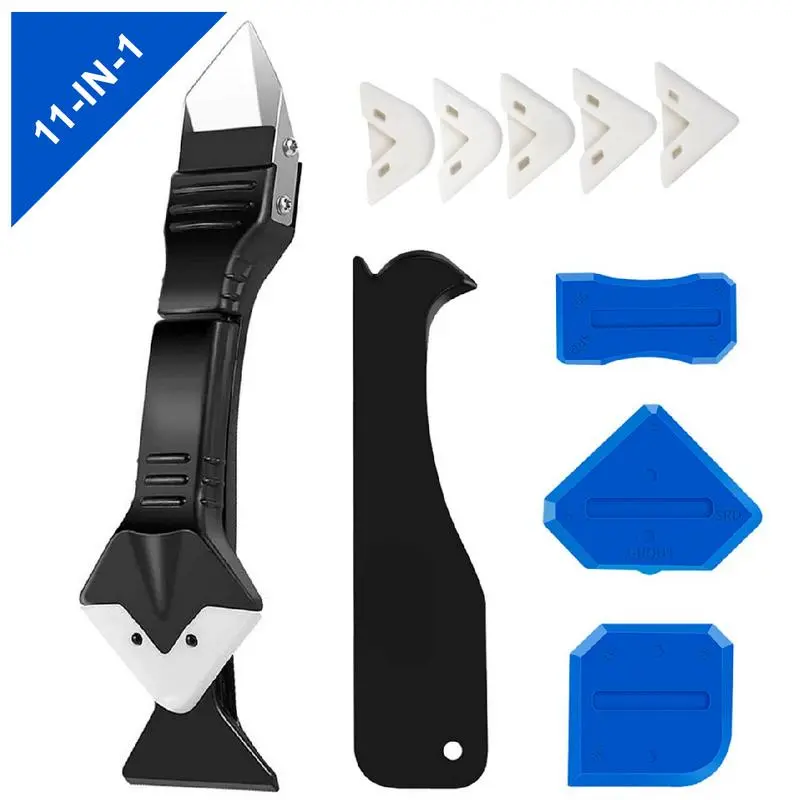 Silicone Caulking Tool Set with 11-in-1 Scraper-Remover Kit, Durable Plastic Replacement Pads for Caulking Installation, Home Improvement Cleaning Tasks, Removal