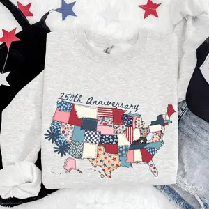 USA 250th Anniversary Sweatshirt, Faux Quilted Patriotic Map Shirt, 1776 2026 Semiquincentennial Shirts, Fourth of July Patchwork Sweater
