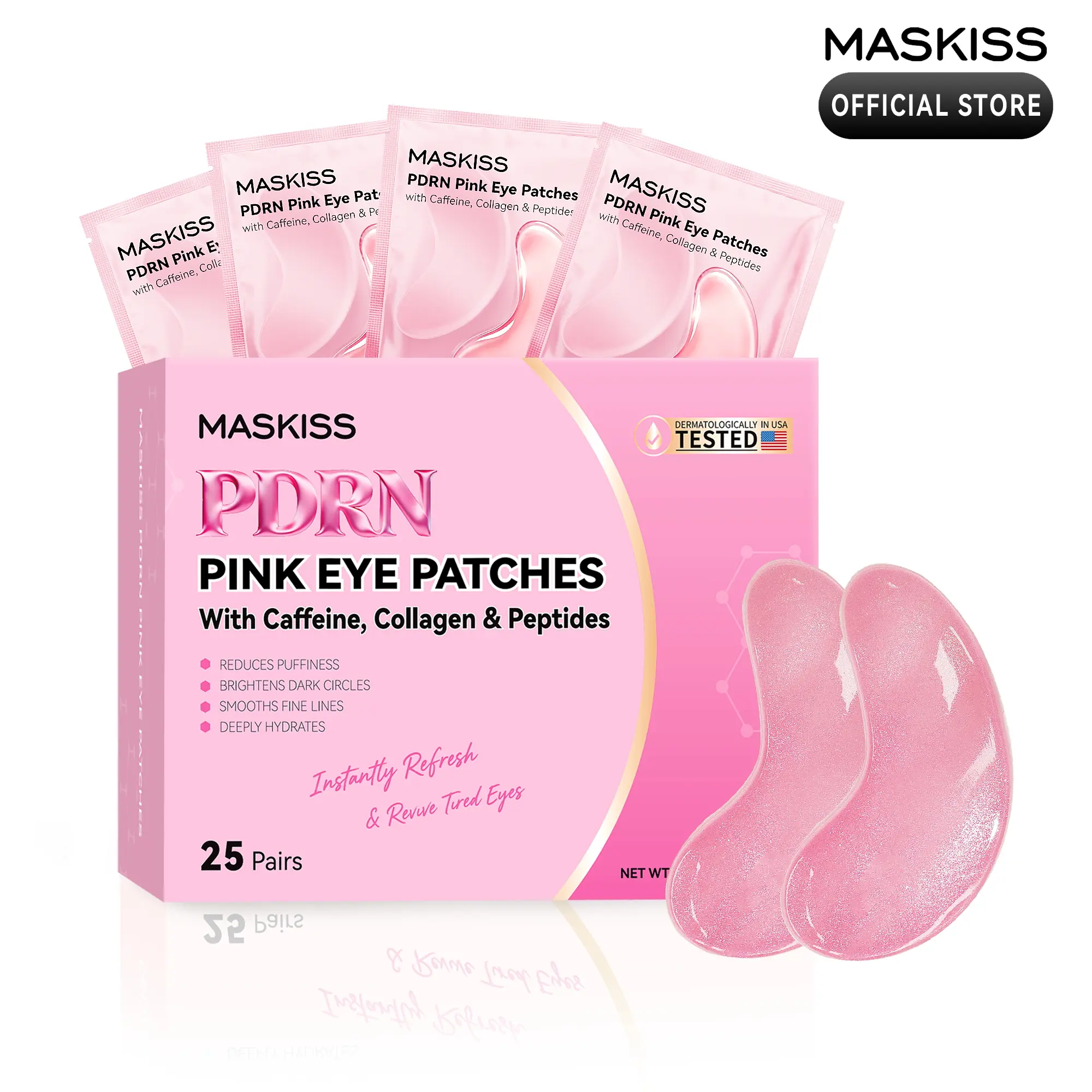 Maskiss PDRN Pink Eye Patches 25 Pairs | Under Eye Mask for Puffiness Dark Circles – Caffeine, Collagen & Peptide Formula, Instantly Refreshed