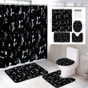 1/4pcs Whimsical Gothic Bathroom Decor Set with Celestial-Insect Shower Curtain Sets, Matching Floor Mats, and Toilet Lid Cover - Dark Elegance for a Modern Tiled Oasis, Perfect for Spooky Season Aesthetic
