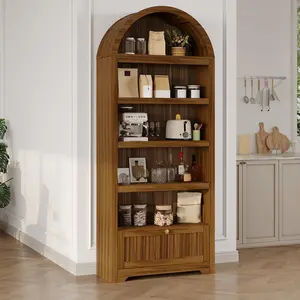 71" Tall Arched Book Shelf, 6-Tier Freestanding Bookshelf with Drawer and Open Display Shelves, Mid Century Modern Arched Bookcase for Living Room, Bedroom, or Home Office, Walnut