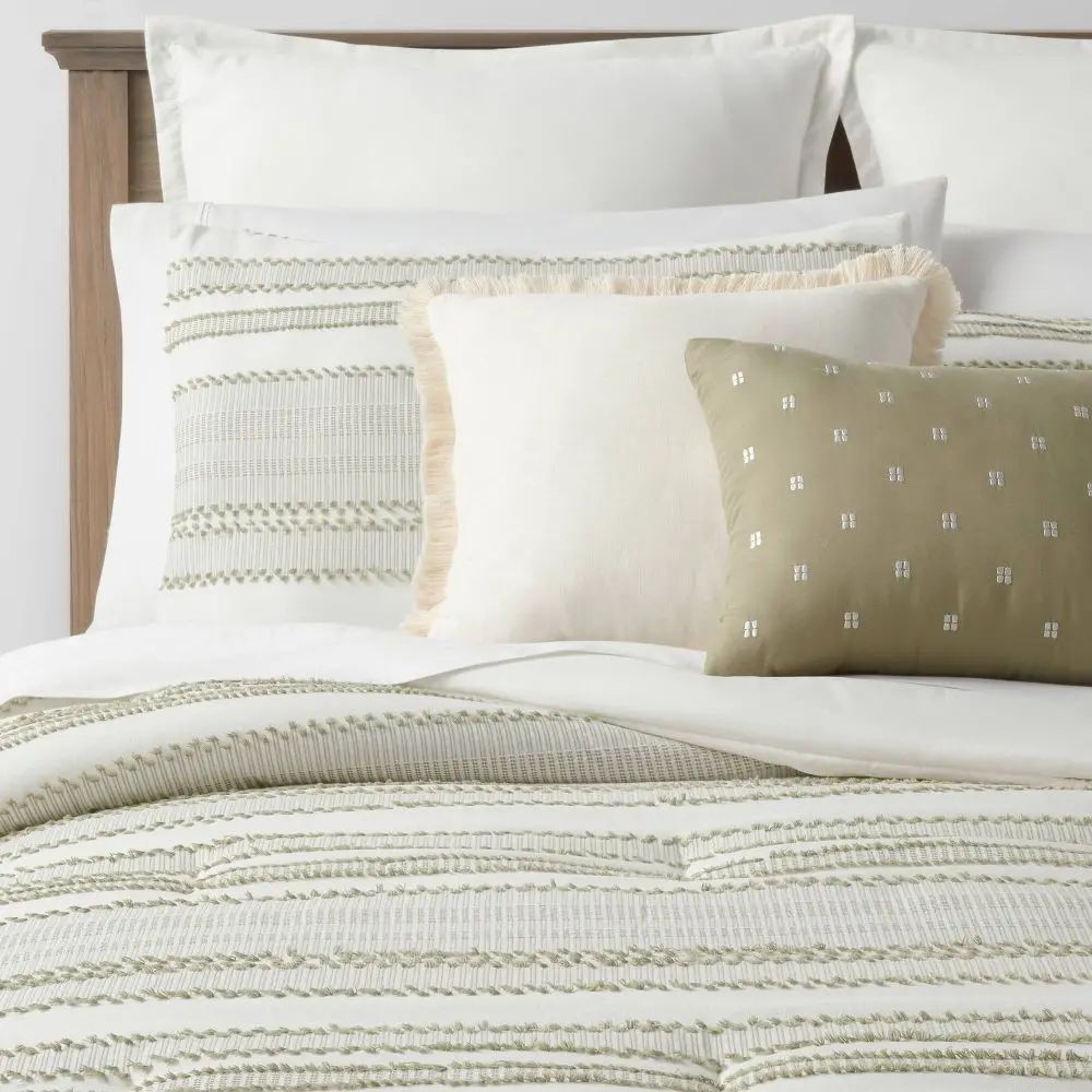 8pc Full Clipped Jacquard Stripe Comforter Set Green - Threshold: Dobby Embroidered Quilted Design OEKO-TEX Certified