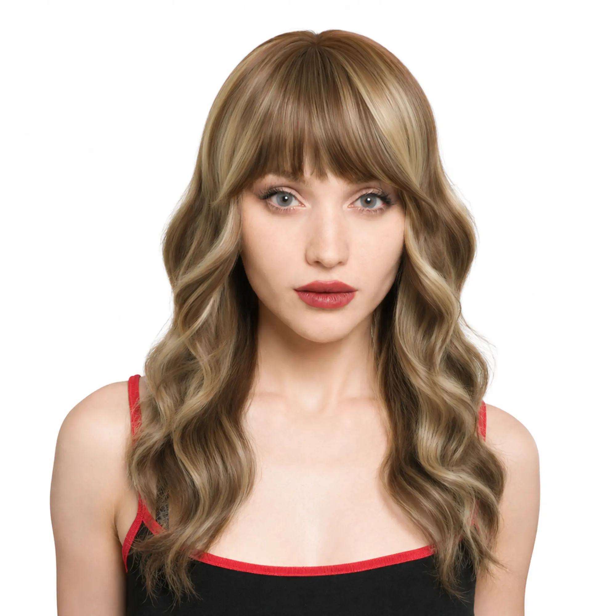 New 'DOLL ME PETITE' 20-inch Light Copper-tint Spring Chestnut Brown (All-over Muted Light Blonde Highlights) Subtle Layered Open Curl Butterfly Cut w/ Fettered Bangs Synthetic Wig | 【Heat Resistant】 【Cap Included】 | 62FSGB