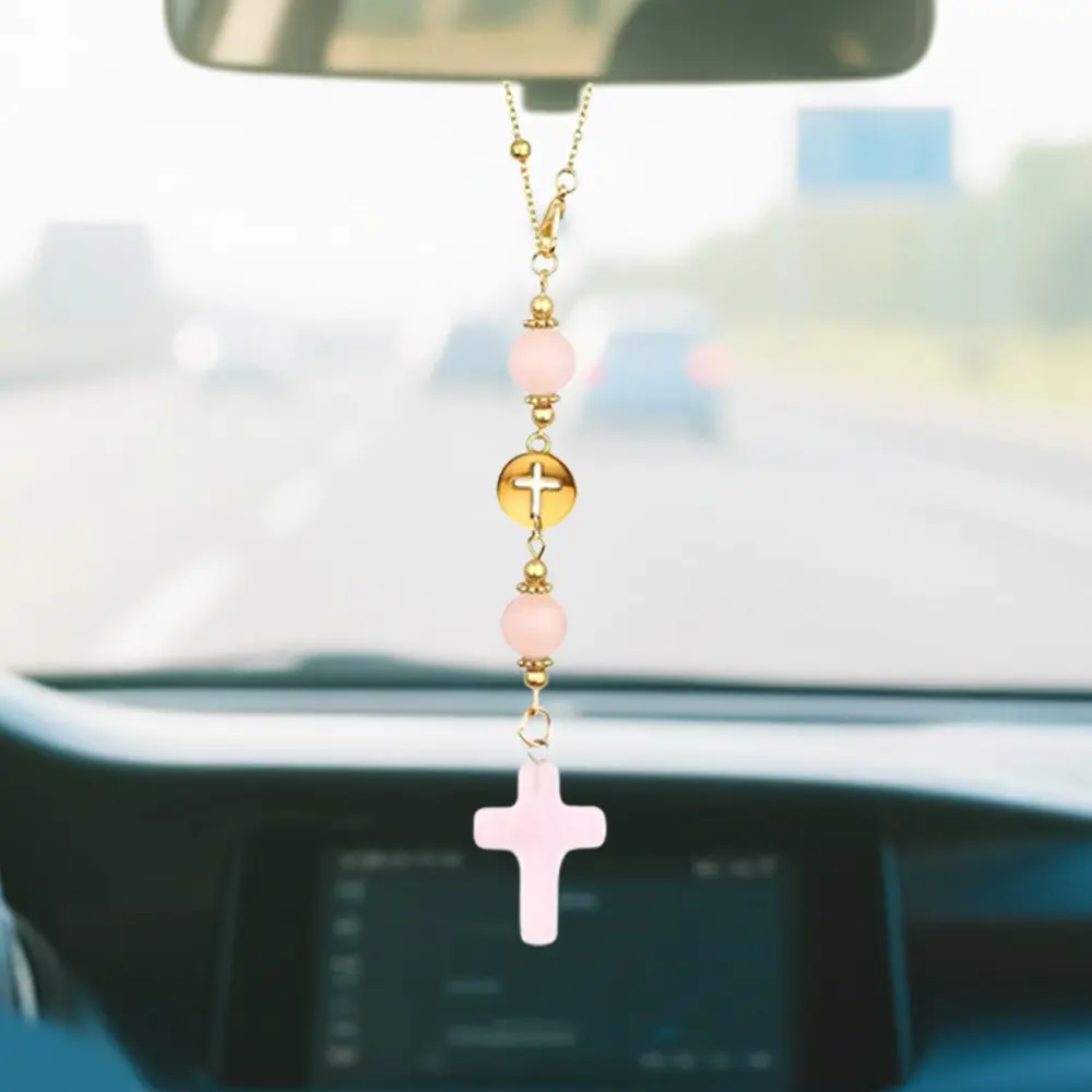 Cross Crystal Car Charm, Cute Healing Stone Rearview Mirror Decor, Bohemian Handmade Sun Catcher Accessory, Tiger Eye Crystal Protection, Car Interior Accessories