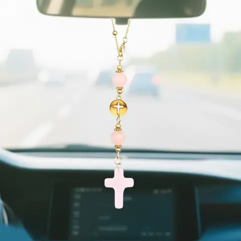 【Black Friday】Bohemian Cross Car Charm, Beaded Rearview Mirror Hanging Ornament with Pink Cross Pendant for Vehicle Interior Decor