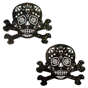 PASTEASE - Nipple Cover Pasties, Adhesive Bra, Breast Tape - Black Glitter Candy Skull & Crossbones - Level Up Your Halloween Costume Accessory - Dimensions: 3.3” x 2.8” Diameter: 1.6 inches