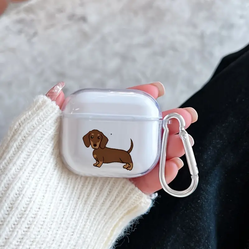 Little Dachshund Pattern TPU Soft Protective Case for Apple AirPods 4/3/2/1/Pro/Pro2 Transparent Earphone Cover with Keychain Attachment