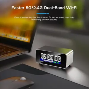 1080P HD Desk Clock Camera, Wireless Security Monitor with 3000mAh Battery, 2.4G/5G Dual Band WiFi, Motion Detection Alerts, CNC Aluminum Frame, Built-in Alarm