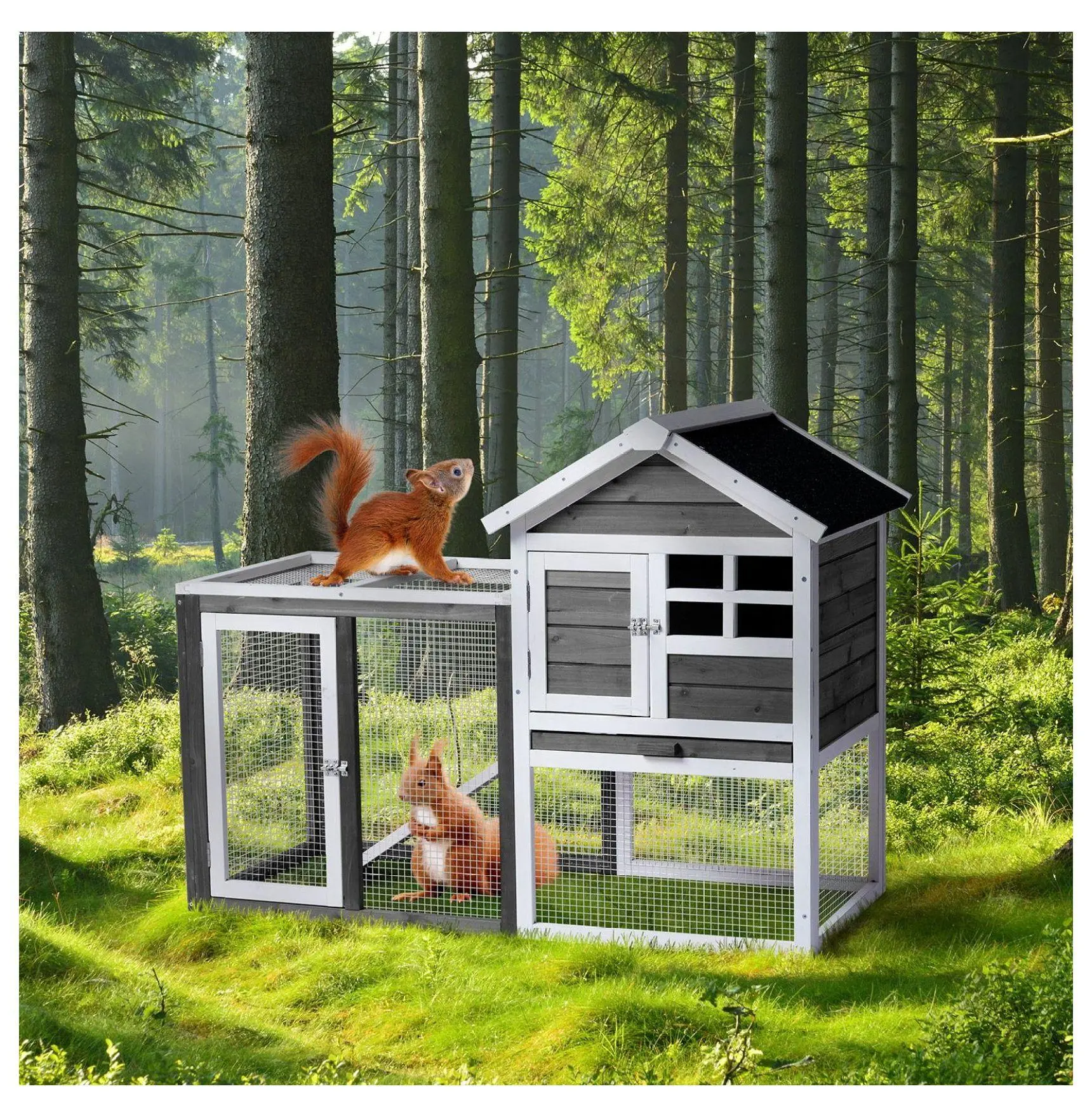Solid Fir Wood Animal Hutch for Rabbits/Guinea Pigs - Indoor/Outdoor Small Animal Habitat with Run, Pull-Out Tray, Grey, Animal Hutches