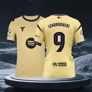 25 26 Away Kit Yellow 9# Robert Lewandowski Short Sleeve Soccer Jersey Fans Version