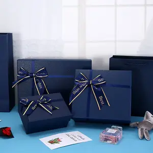 Gift Box With Deep Blue Ribbon Packaging Golden Stamping Craft Empty Box Birthday Gift Valentine's Day 7*9cm