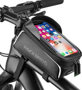 Waterproof Bike Front Frame Bag with Touchscreen, Compatible with Phones Under 7 Inches, Large Storage, Reflective Tapes, Easy Install Cycling Pouch