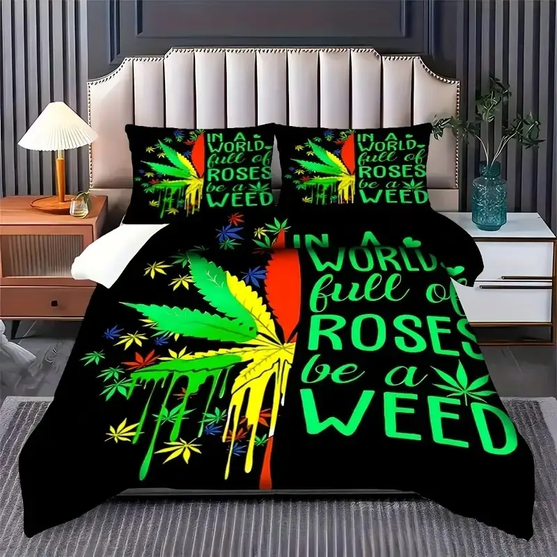 3pcs Maple Leaf Pattern Print Quilt Set, Bedroom Bed Sets, Printed Bedding Set, Soft Polyester Fabric, Zipper Design, Modern Style Bedding Essentials