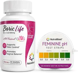 NutraBlast Boric Acid Suppositories 600mg (30 Count) Bundle with Feminine pH Test Strips 3.0-5.5 (100 Tests Roll) | Monitor Intimate Health | Accurate Women’s Acidity & Alkalinity