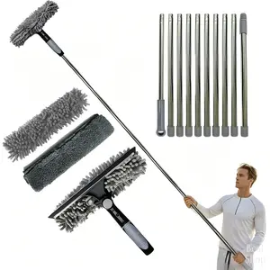High-rise Window Cleaner Kit, Window Cleaning Tool, 1 Set 2-in-1 Washer & Squeegee, Microfiber Cloth with Scraper & Stainless Steel Handle, No Electricity Required
