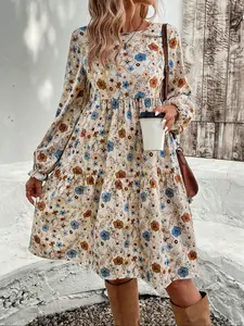 Women's Floral Print Round Neck Ruffle Sleeve Dress, Bohemian Loose Fit Woven Fabric, Holiday Style, Spring & Fall Casual Wear, Ruffled