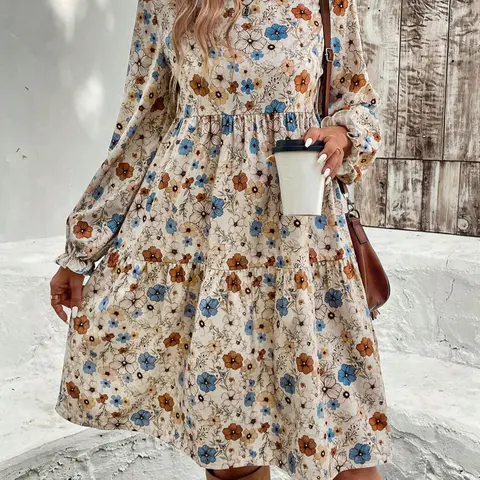 Women's Floral Print Round Neck Ruffle Long Sleeve Dress, Bohemian Boho Loose Fit Woven Fabric, Holiday Style, Spring & Fall Casual Wear, Ruffled, Casual Boho Chic, Boho Dresses