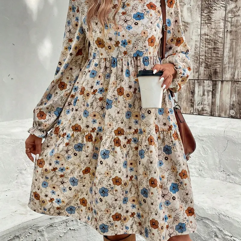Women's Floral Print Round Neck Ruffle Long Sleeve Dress, Bohemian Boho Loose Fit Woven Fabric, Holiday Style, Spring & Fall Casual Wear, Ruffled, Casual Boho Chic, Boho Dresses