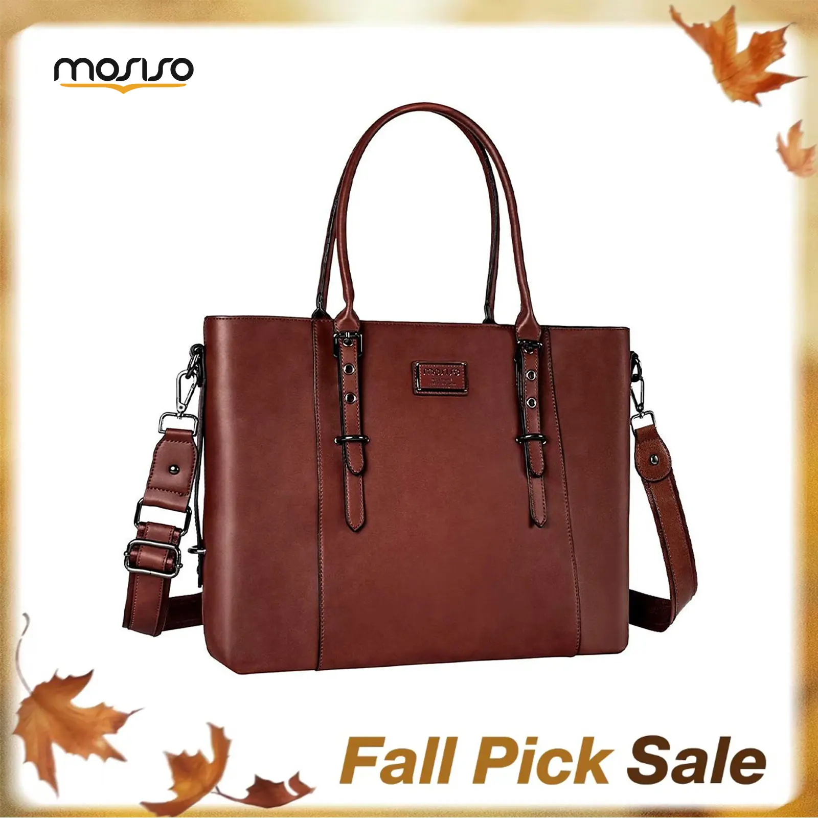 MOSISO Women's PU Leather Laptop Tote Bag - Waterproof, Crash-Proof, Durable Lightweight Office Accessory with Adjustable Strap, Shoulder Option, Top Zip Closure, Outer Zip Pocket for Phone, 13.3-17.3in Everyday Bag, Zipper