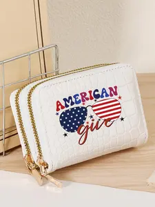 American Flag Pattern Card Holder, Fashionable Double-layer Zipper Around Coin Wallet, Casual Versatile Card Holder for Women & Girls