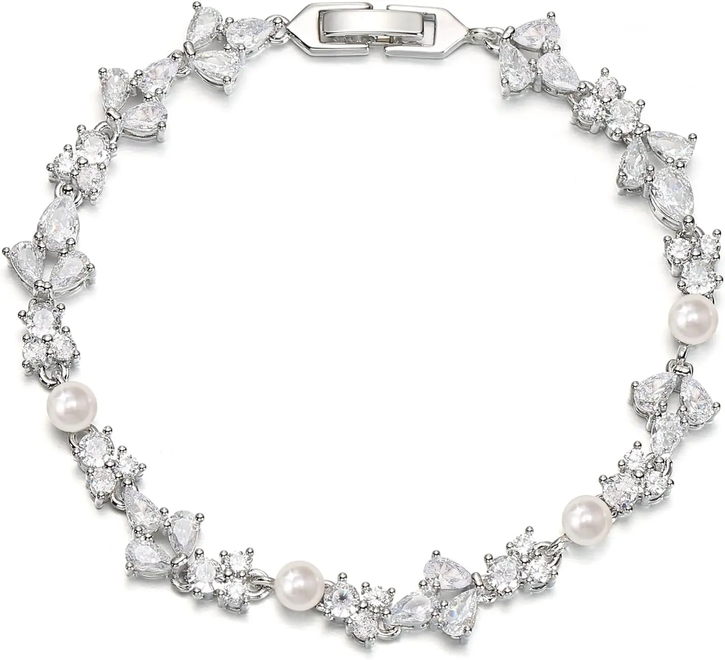 Pearl & CZ Wedding Bracelet • CZ Bridal Bracelet • Floral Bridal Bracelet • Pearl Bracelet • Delicate Bracelet • Elegant Bracelet  Pearl Bridal Prom Tennis Bracelet for Women