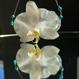 Real White Orchid Flower Necklace with Turquoise Gemstones & 14k Gold Filled Chain