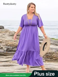 Plus Size Fitted Plain Ruched Ruffle Hem Flounce Sleeve Dress, Feminine Chic Boho Embroidery Half Sleeve A Line Bohemian Dress for Beach Holiday Vacation, Women's Clothes for All Seasons, Casual Boho Elegant