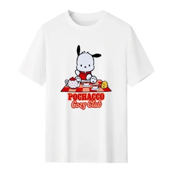 Sanrio Pochacco Print Short Sleeve T-Shirt, Soft Cotton Fabric, Unisex For Teens, Trendy Cozy Versatile Fashion Top