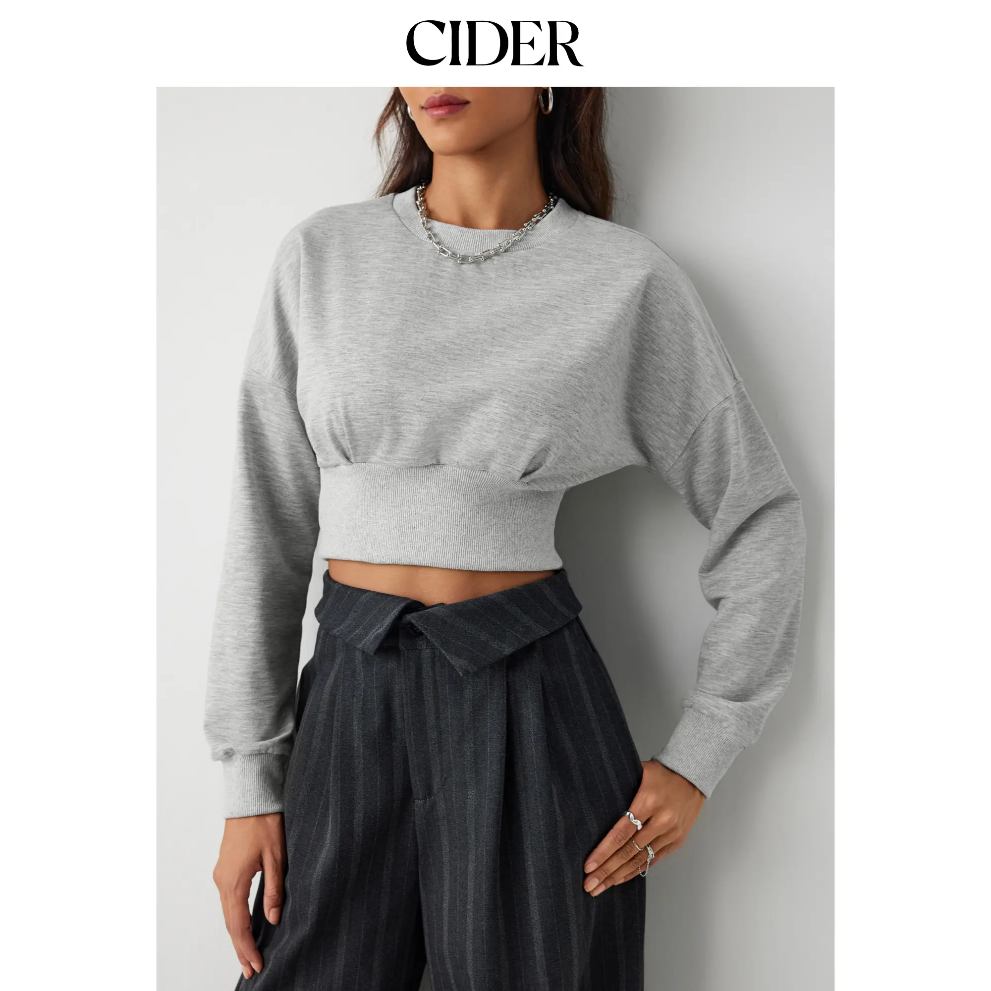 Cider [5 colors, size 0-10] Round Neckline Ruched Crop Sweatshirt