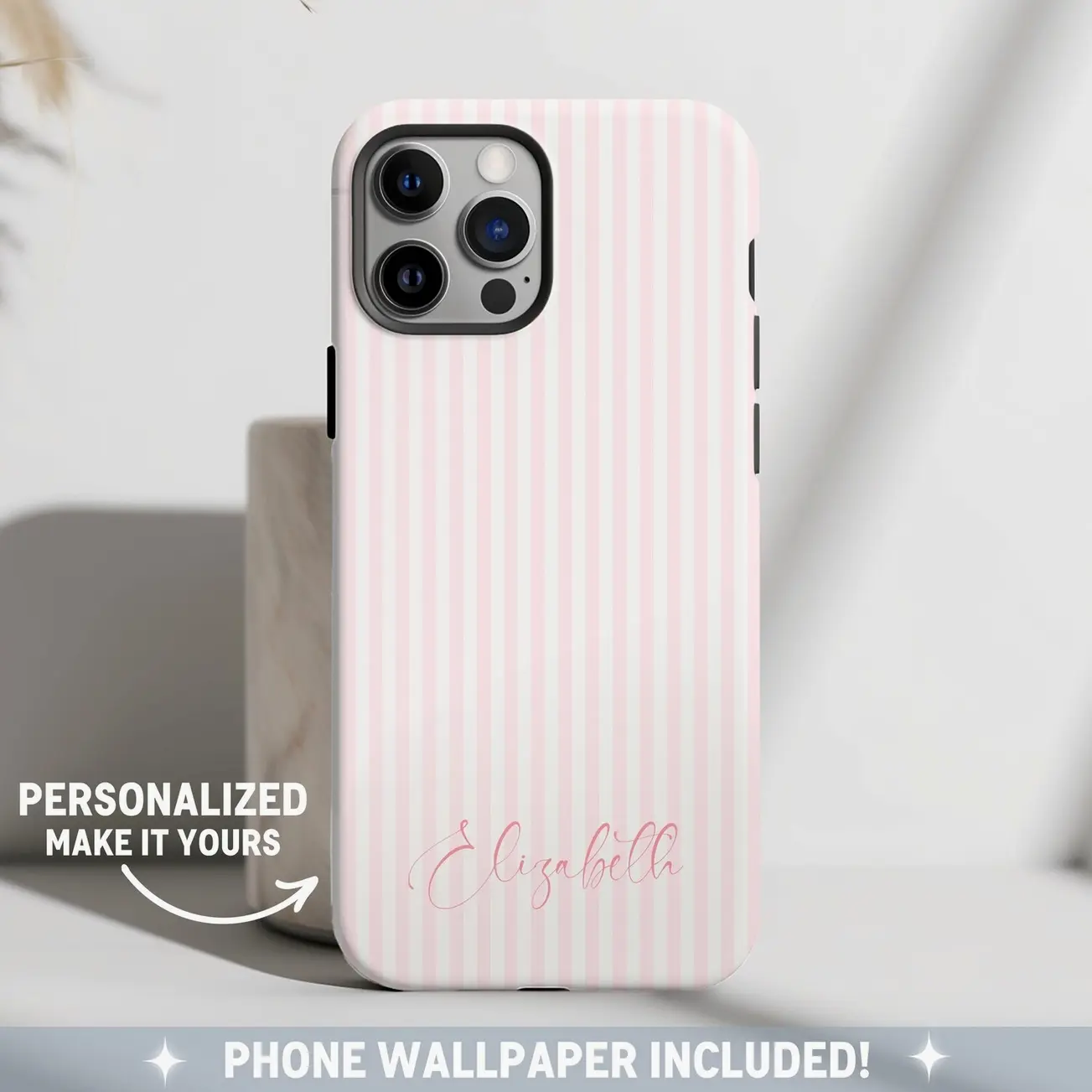 Personalized Pink Phone Case, Custom Monogram phone Case, Aesthetic Pink Striped Phone Case, Summer Coastal Phone Case, Preppy Phonecase Beachy