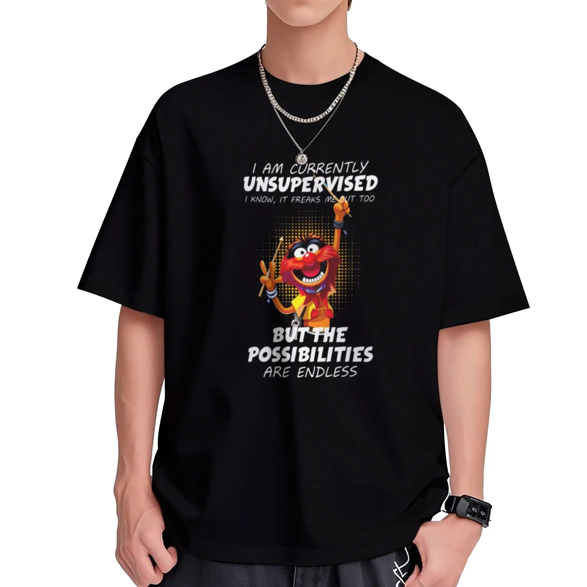 Loose Fit Rock Drummer Quote Black Band Shirt for Concerts and Casual Wear - All-Season Casual Top, Music Theme Tee, Street Style Shirt, Bohemian Comfort Fabric, Vintage Print Crewneck Design, Must-Have for Street