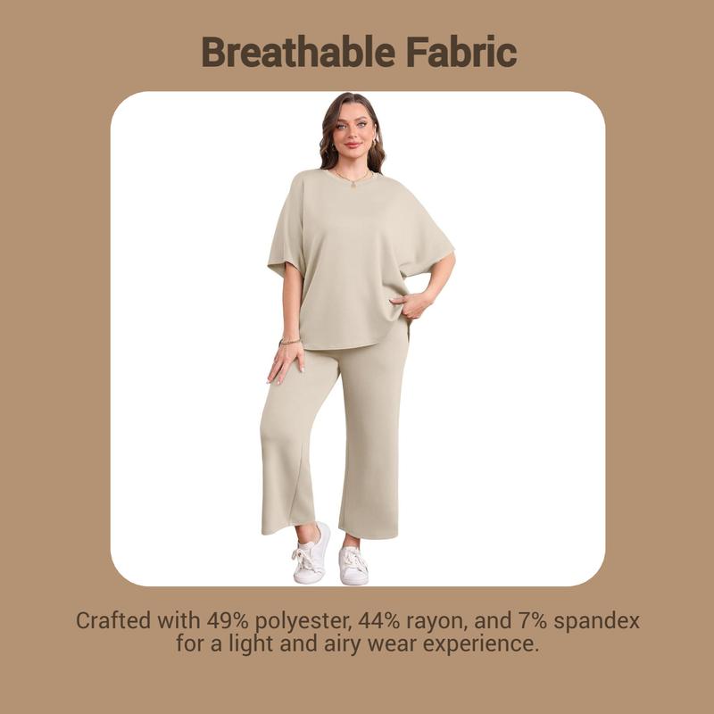 OFEEFAN Two Piece Sets for Women Summer Outfits Oversized Wide Leg Crop Pants Lounge Sets Airport Beach Vacation Clothes |(Size Up 1-2 for Oversized Look) Casual Shortsleeve