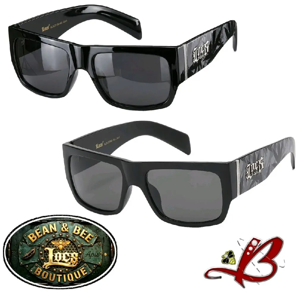 Locs x Weedboat Willie Hardcore Shades – Black OG Style Square Frame with Weed Leaf Camo Print Arms –  Cholo Biker Urban Street Chola Chic Gangsta Hip-Hop Sunglasses - Gloss or Matte Finish - Bean & Bee Boutique Special Edition