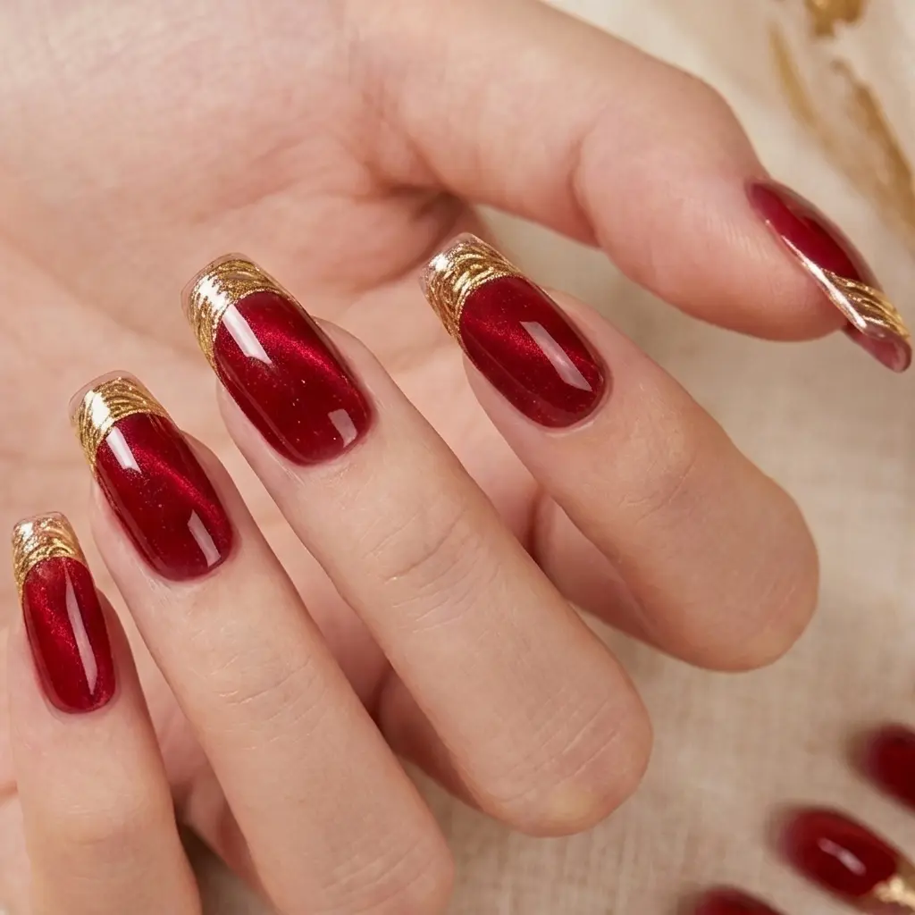 30-Piece Tomato Red Press-on Nails – Gold-Rimmed Design, Cat-Eye Effect, Boxed Packaging