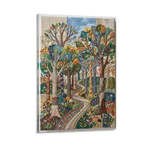Colorful Patchwork Forest Embroidery Canvas Art, Appliqué Tree & Path Design, Whimsical Vintage Home Decor for Living Room, Bedroom Wall