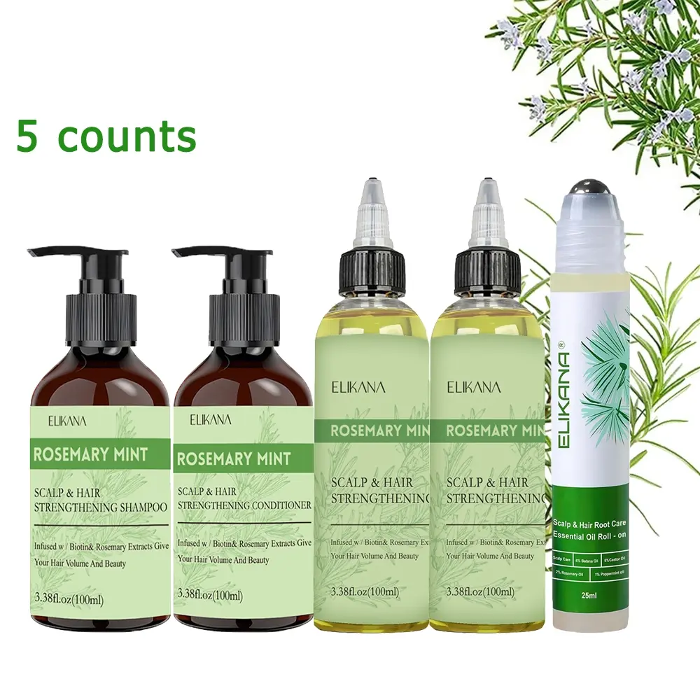 Rosemary Haircare Set, with Biotin and Mint Oil, Deep Conditioning, Scalp and Root Care, Smooths Frizz and Split Ends, Healthy Dense Hair. (Including Treatment Shampoo, Conditioner, Essential Oils, And Roller Ball)