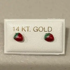 14 KT. Gold Strawberry Stud Earrings - Enamel Red & Green - Hypoallergenic - Perfect for Everyday Wear